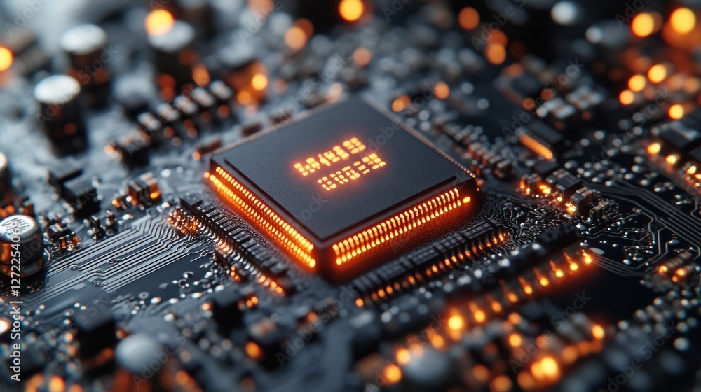 Poster close-up of a lit-up processor chip on a black circuit board