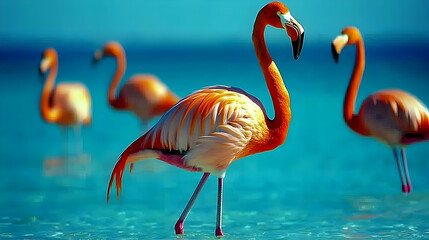 Vibrant flamingos wading in shallow turquoise water; serene coastal scene
