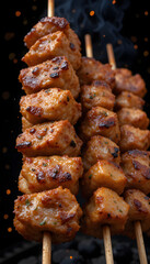 "Close-up of Grilled Meat Skewer on a Grill with Sparks"