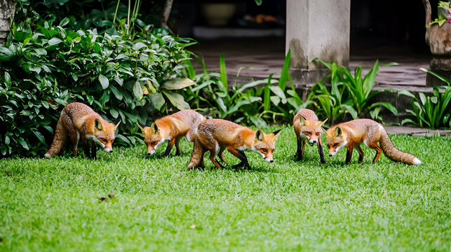 Red foxes foraging on lush lawn, tropical garden background