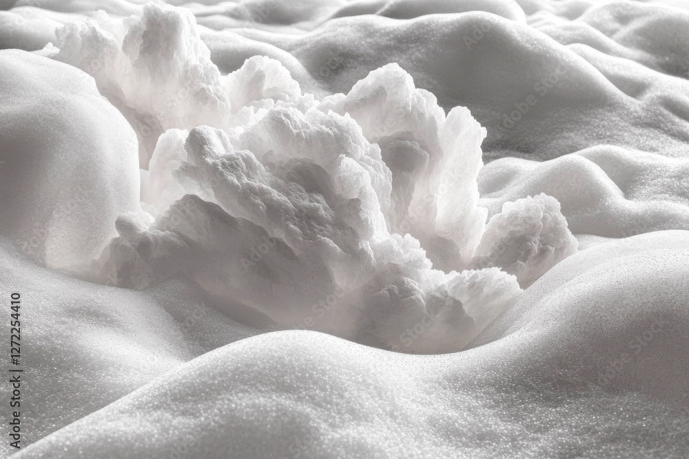 Poster close-up view of white foam with textured shapes that mimic the appearance of billowy clouds under s
