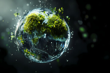 Earth's Embrace: A visually stunning composite depicts the Earth as a precious sphere encased in crystalline water, adorned with thriving greenery and vibrant vegetation, against a dark background.