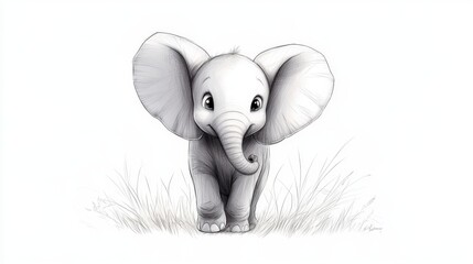 Fototapeta premium Cute baby elephant cartoon sketch with large ears and expressive eyes in grassy field