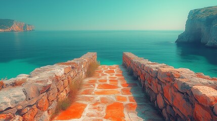 A stone pathway leading to the ocean with cliffs on either side