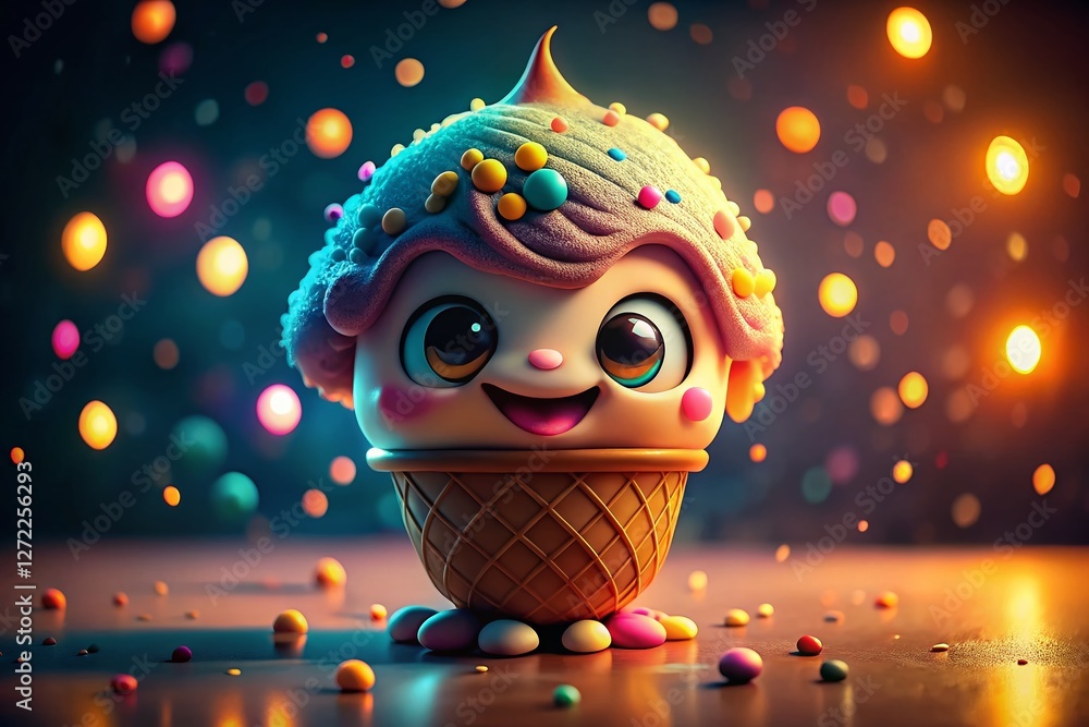 Poster happy colorful ice cream character in low light - fun playful design stock photo