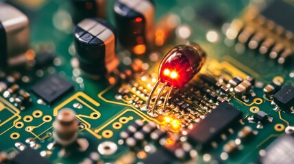 Obraz premium Close-up electronic circuit board with glowing component