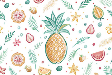 Tropical fruit pattern with pineapple, flowers, and leaves; design for fabric, wrapping paper, or wallpaper