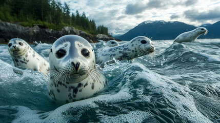 Obraz premium Harbor seals playfully emerge from Alaskan waters, mountains in background; wildlife conservation