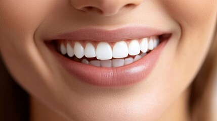 Fototapeta premium Close-up woman's smile, healthy teeth, bright white. Possible use Dental health poster