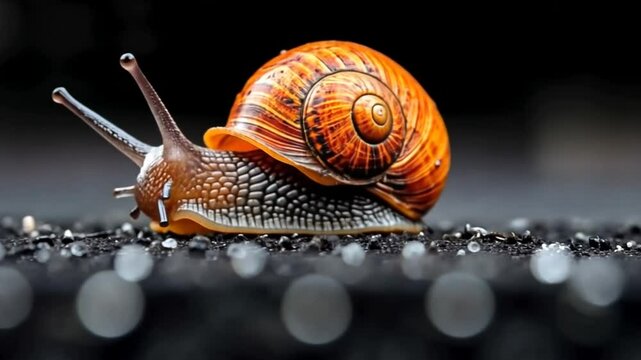 An orange-banded snail glides slowly over a glistening surface, its delicate body reflecting moisture. The background is dark, enhancing its vibrant shell and texture