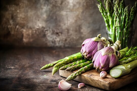 apricot and asparagus on cutting board