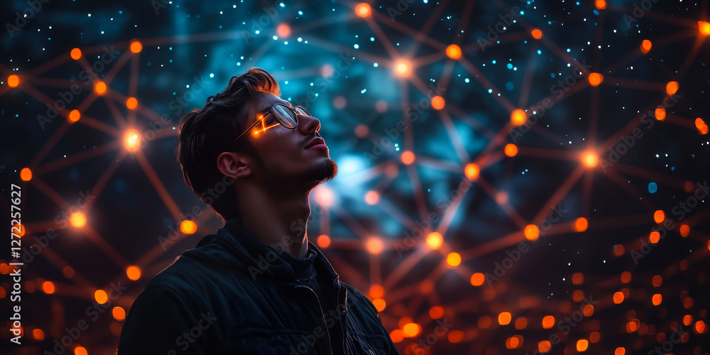 Poster man gazing at neural network visualization with glowing connections in futuristic digital web interf