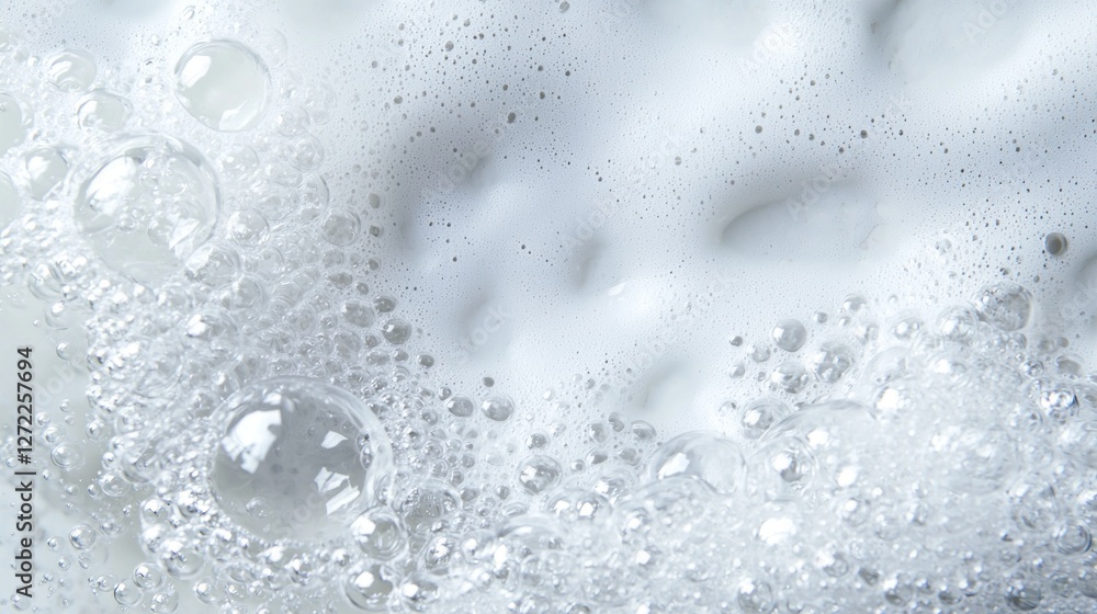 Aufkleber Bubbles float and dance in a fluffy sea of soap foam, capturing light and reflecting it in tiny rainbows. This enchanting texture invites the viewer to experience a sense of freshness and purity
