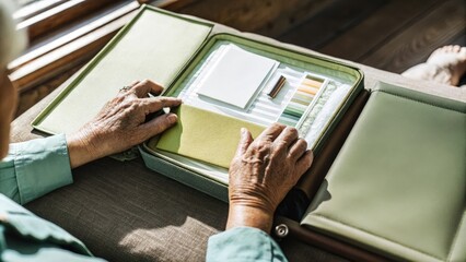 A closeup of a testing kits packaging lying open revealing neatly organized components and informational brochures with a pair of aging hands gently touching the materials.