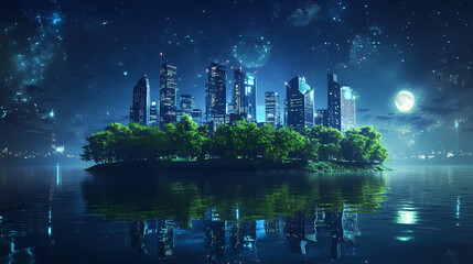 Digital Oasis: An island city, a futuristic cityscape of towering skyscrapers and lush green parks, floats serenely amidst the shimmering waters under a starry sky.