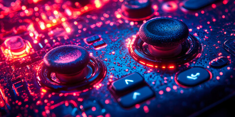 Fototapeta premium Close-up of illuminated gaming controller with vibrant neon lights and textured control buttons in futuristic style