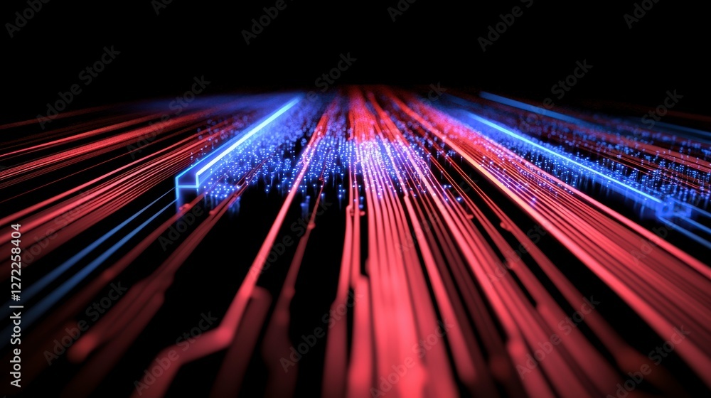 Poster Abstract digital lines; glowing red & blue data streams; technology background; visual effect; suitable for tech presentations