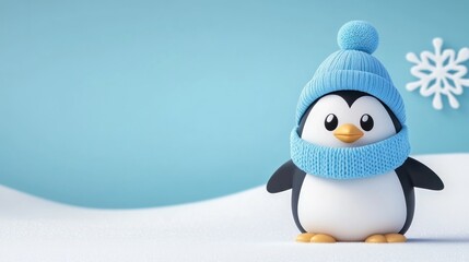 Fototapeta premium Cute cartoon penguin stands in the snow wearing blue accessories