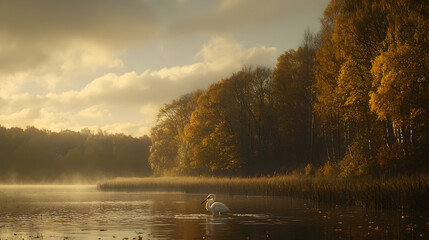 Majestic egret foraging in autumnal lake mist at sunrise, peaceful nature scene