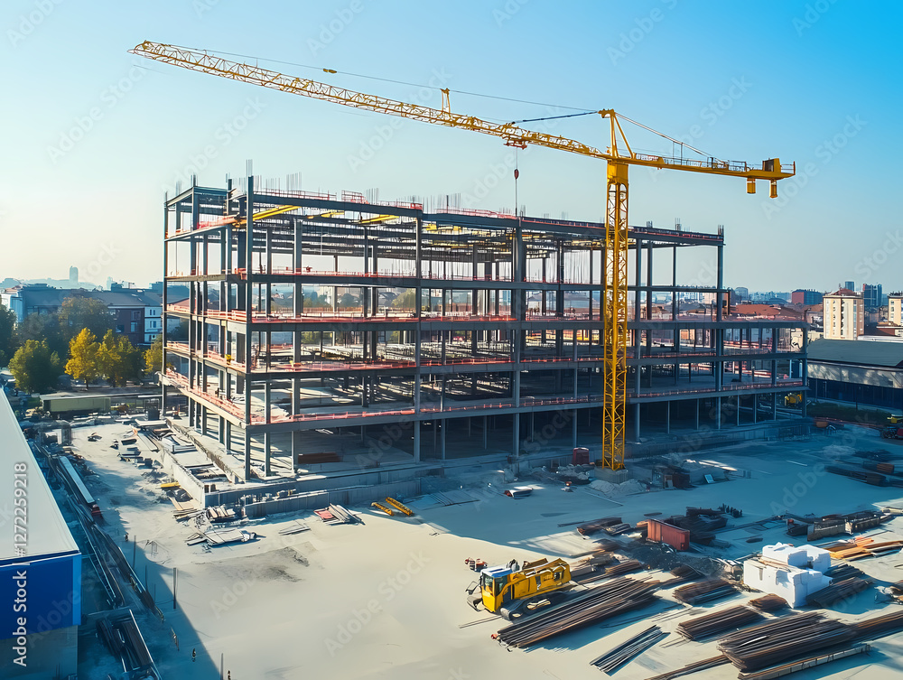 Poster the architecture of progress: an expansive construction site showcases the skeletal framework of a m