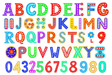 Colorful alphabet and numbers, white background, decorative design, educational resource