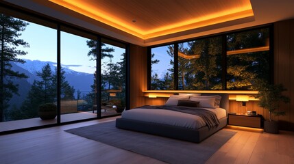 Fototapeta premium Warm lighting illuminates a modern bedroom with stunning mountain views. The minimalist design creates a serene atmosphere.