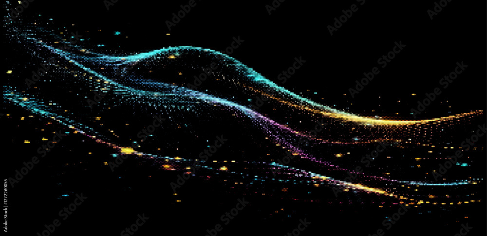Fototapete vector illustration showcases flowing, multicolored waves of particles against a black background, c