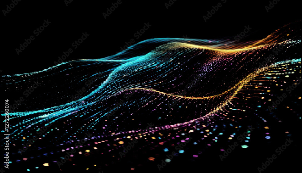 Fototapete vector illustration showcases flowing, multicolored waves of particles against a black background, c