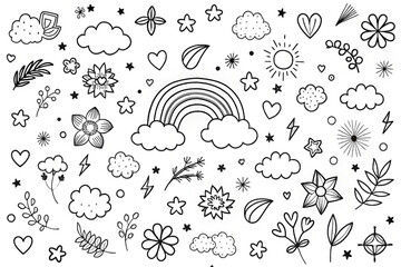 Cute doodle design elements, various shapes, bright colors, background. Use for prints, coloring books, etc