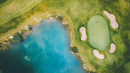 Aerial view of golf course green beside lake, lush landscape, peaceful scene, ideal for travel brochures