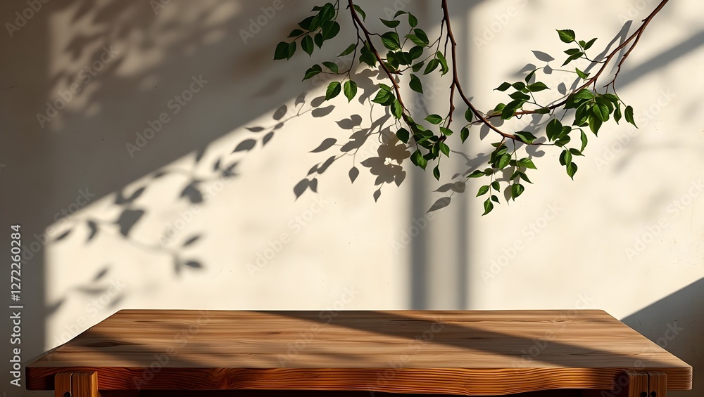 Poster a serene wooden table adorned with gentle shadows cast by leafy branches, creating a tranquil atmosp