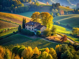 Naklejka premium Hidden Monferrato Farmhouse: Rural Italian Landscape Photography