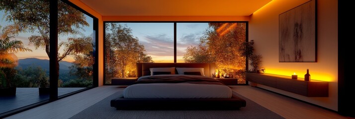 Fototapeta premium Sunset view from a bedroom with warm lighting. A serene and cozy atmosphere.