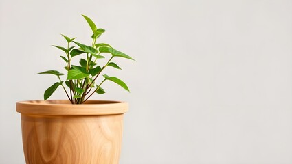 Fototapeta premium A small green plant grows in a terracotta pot against a neutral background, adding a touch of nature to the simple decor.