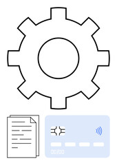 Gear alongside a document and contactless debit card. Ideal for finance, technology, automation, work processes, digital payments, banking, and workflow systems. Abstract line flat metaphor