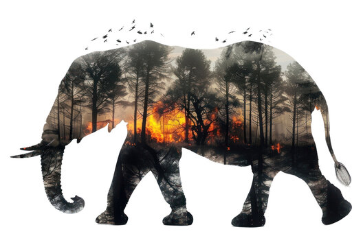 PNG Elephant with african trees wildlife exposure double. - Powered by Adobe