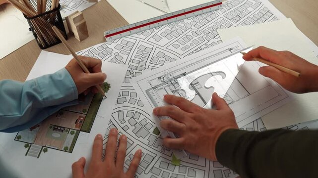 Smart architect and safety engineer discussion about building blueprint on table with architectural document, measurement tools and wooden block scatter around at modern office. Closeup. Delineation.