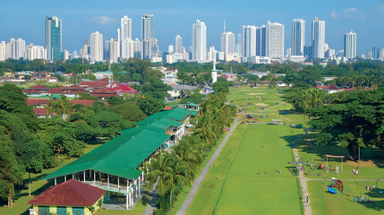 Naklejka premium Tropical city skyline golf course aerial view, lush green fairways, clubhouse, recreation