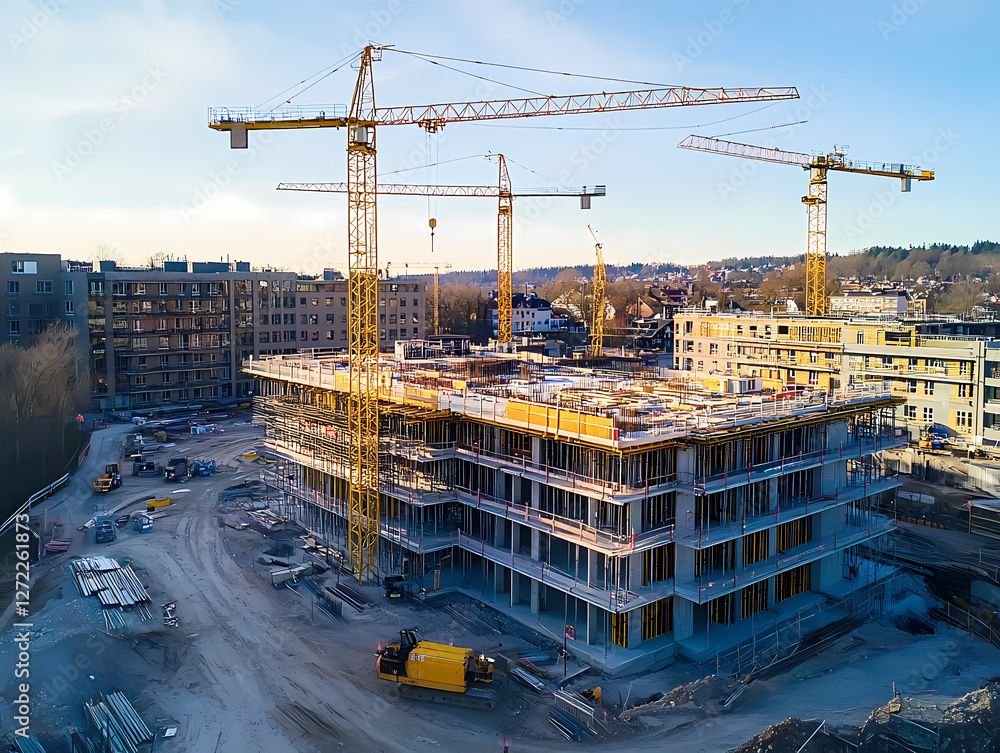 Poster construction progress: a panoramic view of a multi-story building under construction, with multiple 