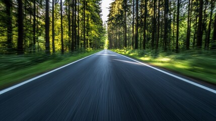 Fototapeta premium Forest road, motion blur, sunlight, peaceful travel, scenic drive