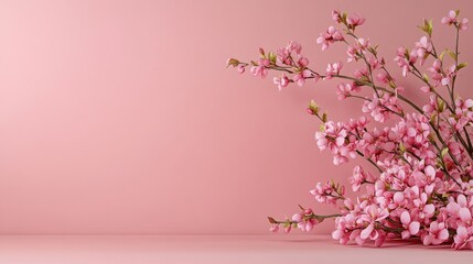 Fototapeta premium Pink blossoms, spring branch, pastel background, product display