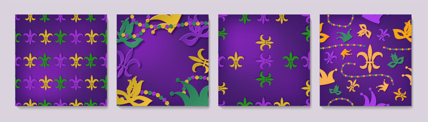Set of elegant frames with carnival masks, fleur de lis.