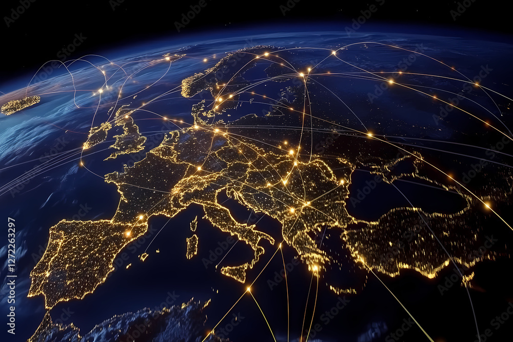 Poster global network: illuminated city lights connect across europe, visualized as a network of connection