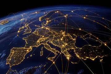 Global Network: Illuminated city lights connect across Europe, visualized as a network of connections, highlighting global communication and the interconnectedness of the modern world.
