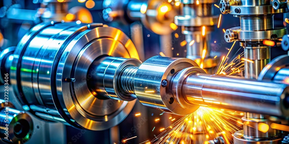 Poster high-tech spinning machine close-up: precision engineering bokeh effect stock photo