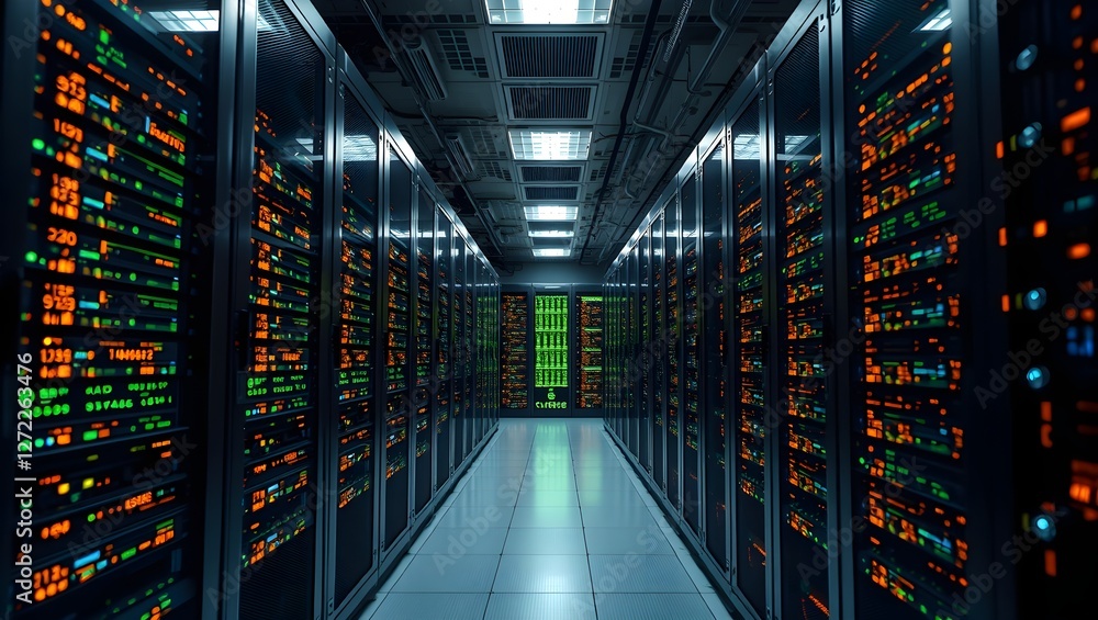 Poster a dimly lit data center aisle filled with rows of server racks, illuminated by vibrant led lights, s