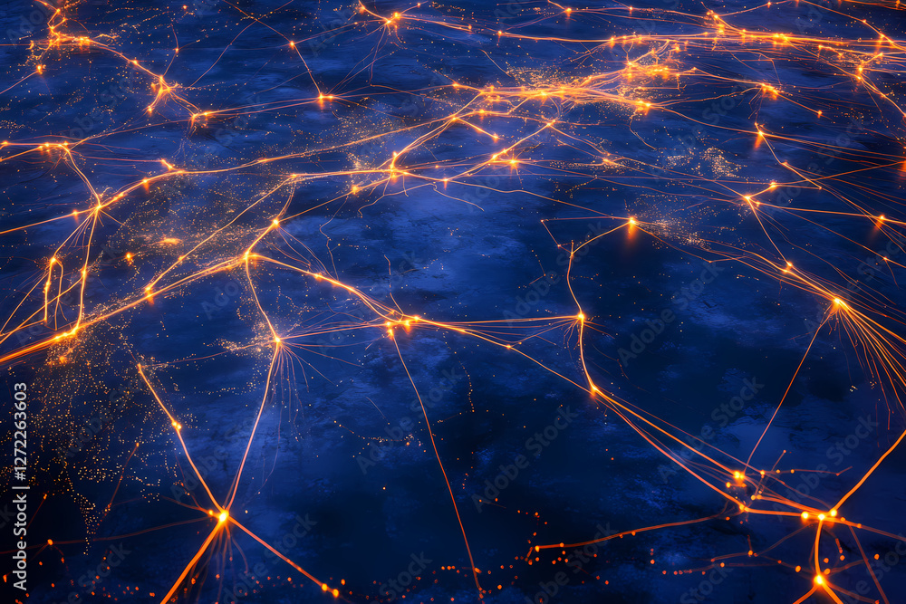 Poster global network: abstract depiction of a global network, illuminated with connecting lights, symboliz