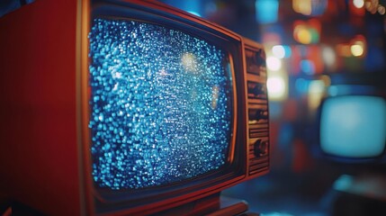 Obraz premium Retro, close-up of a retro TV with static on the screen, nostalgic 80s vibes