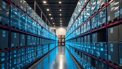 A modern warehouse filled with illuminated storage containers, showcasing a sleek, organized environment for efficient logistics and inventory management.
