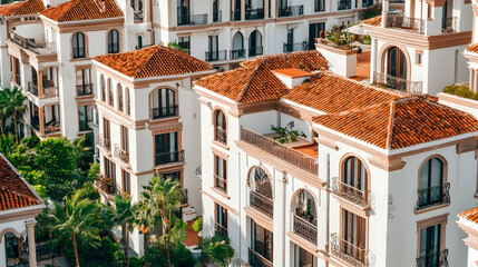 Mediterranean coastal luxury apartments aerial view; sunlit rooftops, palm trees, building complex; real estate brochure